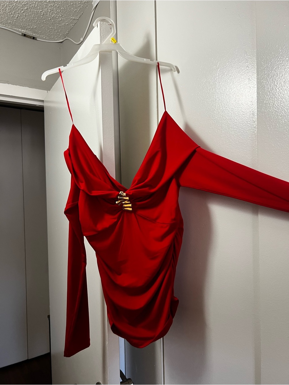 Red Off-Shoulder Ruched Long Sleeve Top with Gold Accent